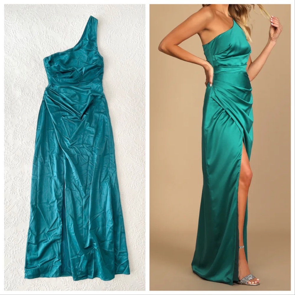 NWOT Lulus Dreaming of Elegance Dark Teal Satin One-Shoulder Maxi Dress Medium - Picture 1 of 7